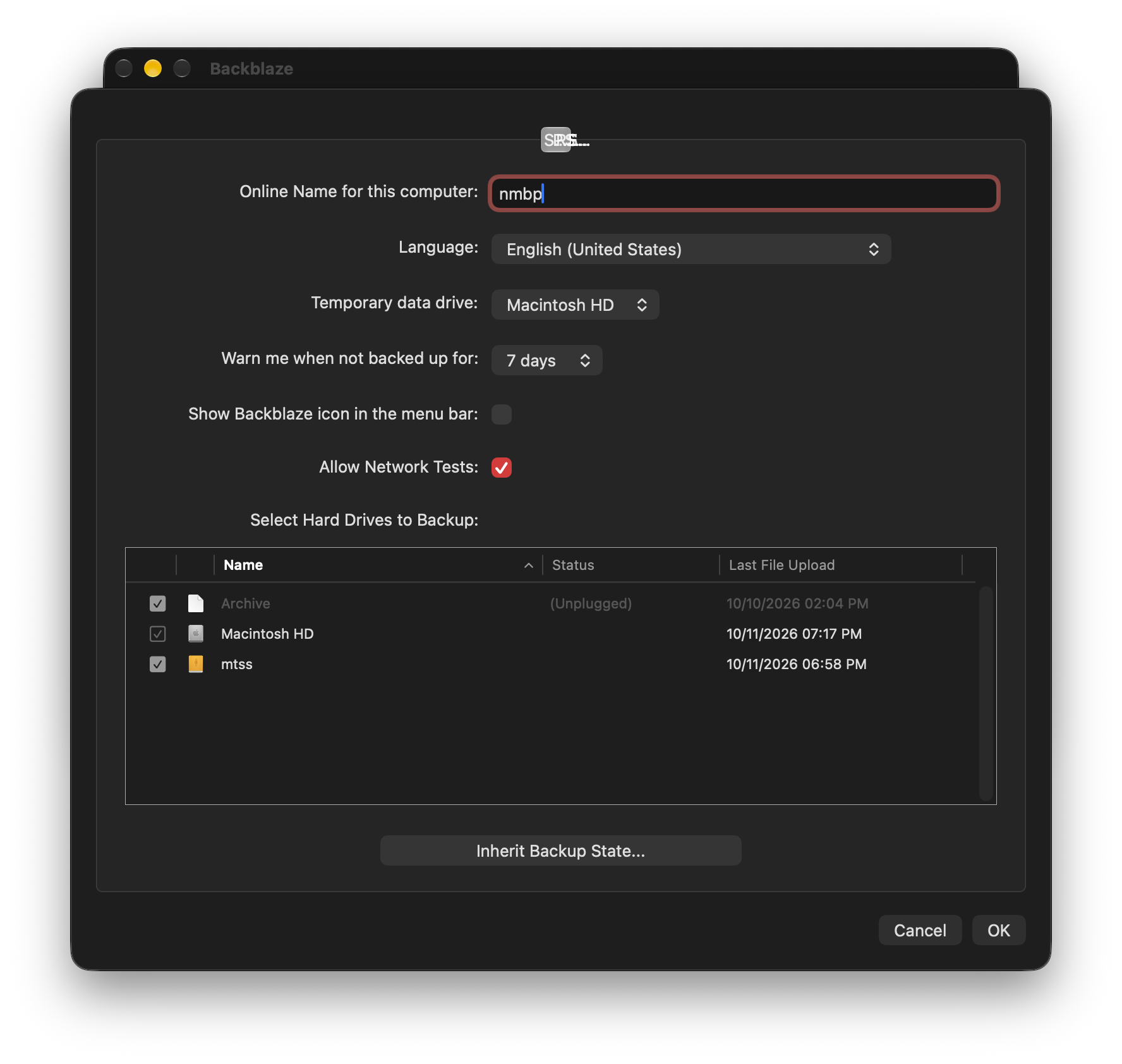 Backblaze macOS preferences with a tab bar that has all tabs condensed on top of each other within just a couple dozen pixels – not a single tab title is readable.