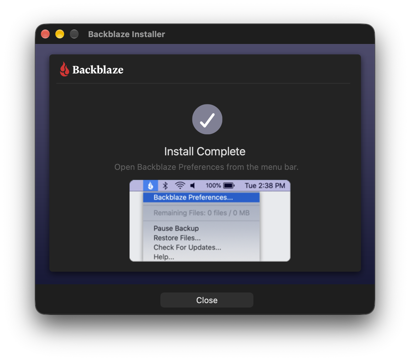 The Backblaze installer showing a dialog that specifically mentions the menu bar item as the way to interact with the software.
