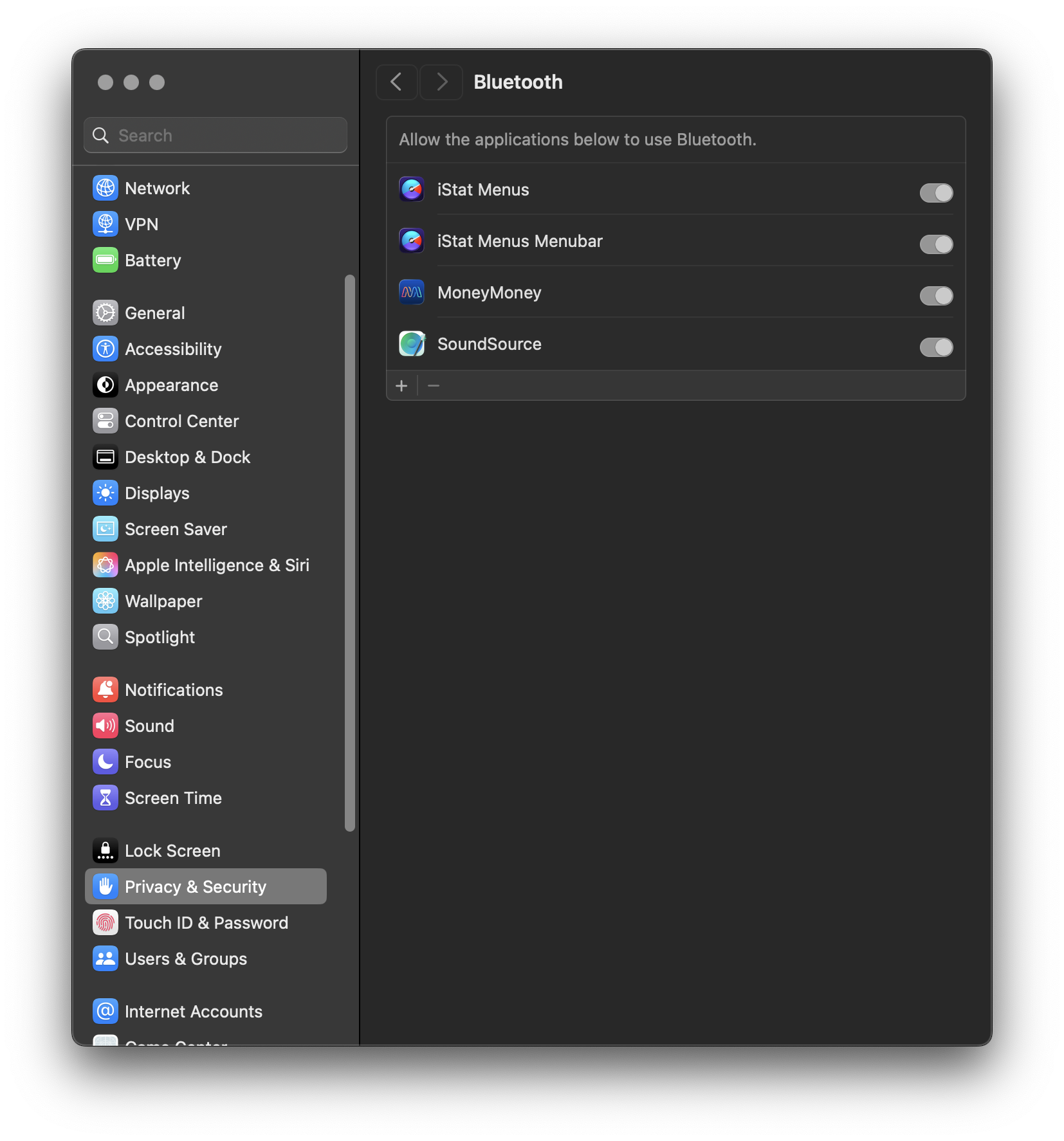 The Bluetooth subsection of “Privacy & Security”, clearly showing that the search term “privacy” is nowhere to be seen.