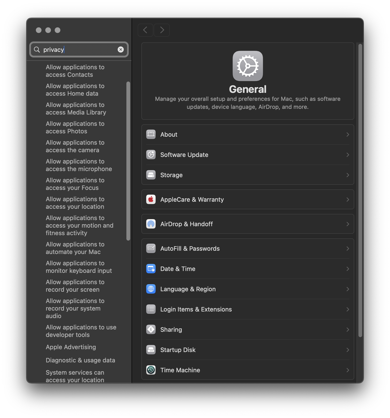 System Settings with a search for “privacy” but the results are scrolled incorrectly so the section header that contains the word is not visible.
